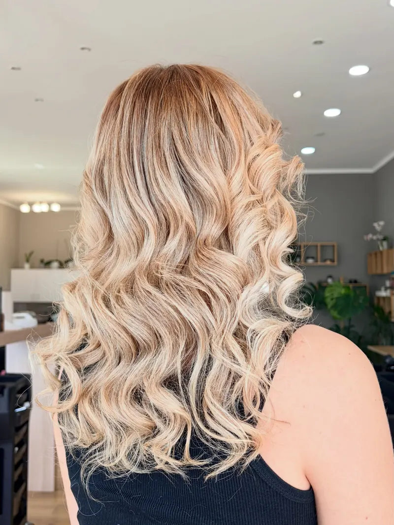 Capelli lunghi biondo platino con onde, visti da dietro.