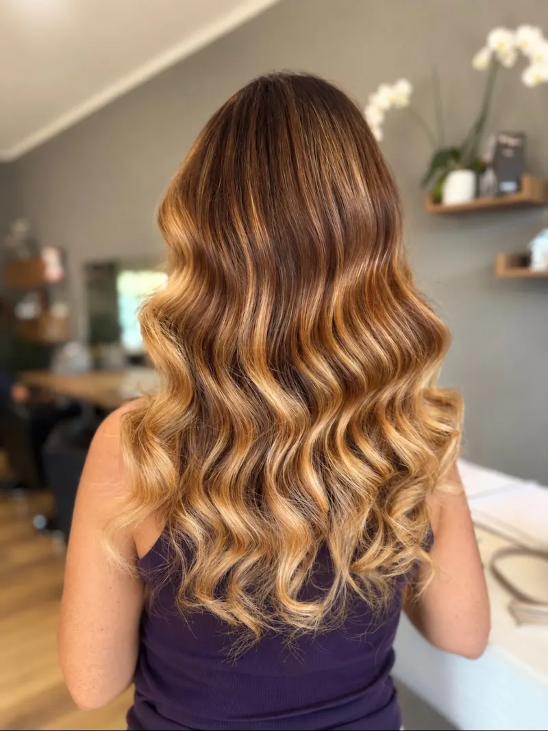 Capelli lunghi castani con sfumature dorate e onde morbide, visti da dietro.